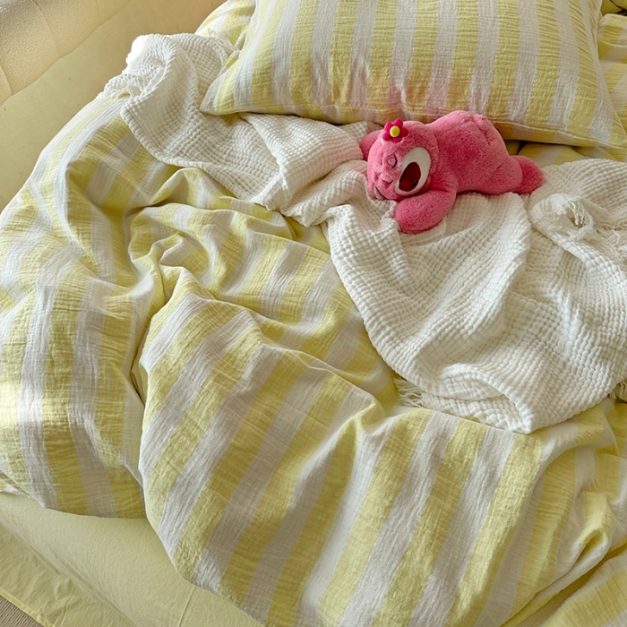 91家纺网 家纺一手货源 找家纺 千朵 2023新款色织双层皱皱纱全棉四件套 奶黄