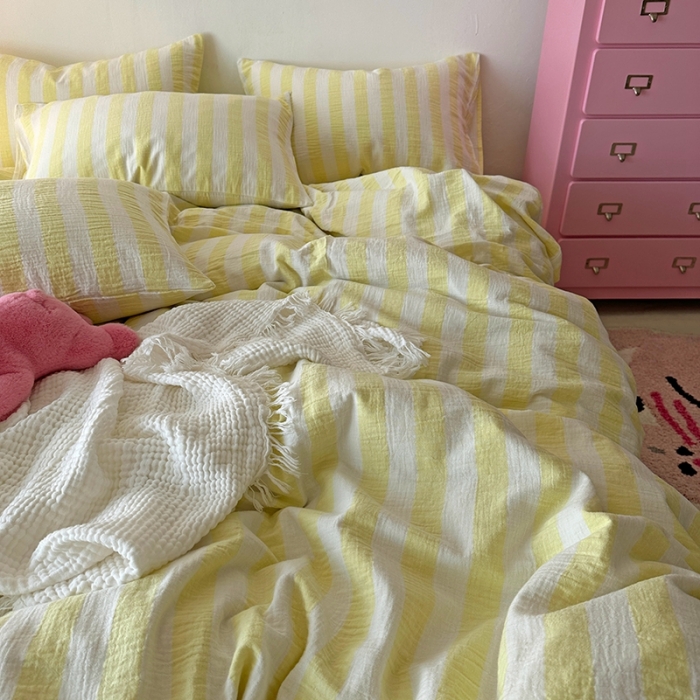 91家纺网 家纺一手货源 找家纺 千朵 2023新款色织双层皱皱纱全棉四件套 奶黄