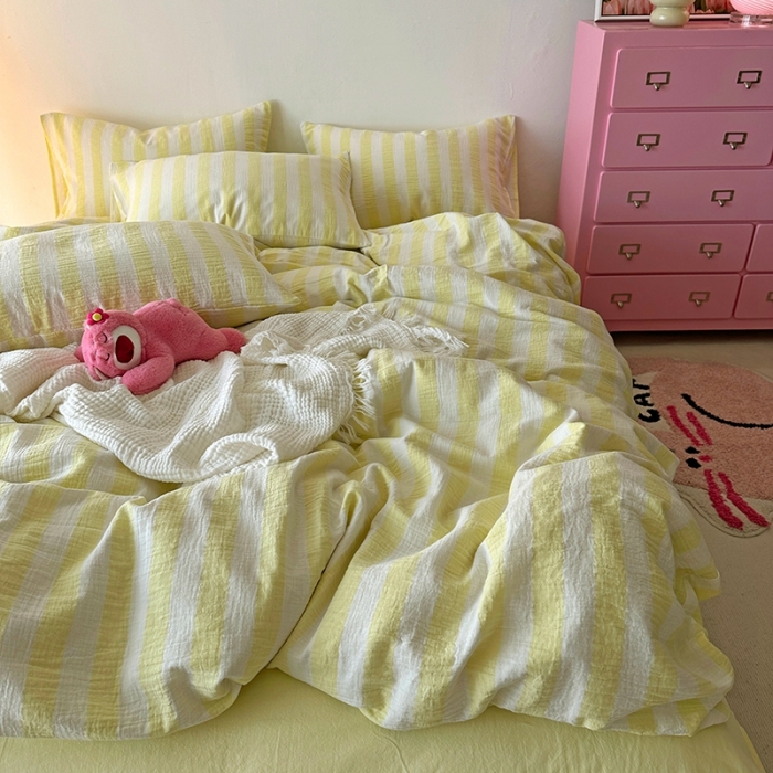 91家纺网 家纺一手货源 找家纺 千朵 2023新款色织双层皱皱纱全棉四件套 奶黄