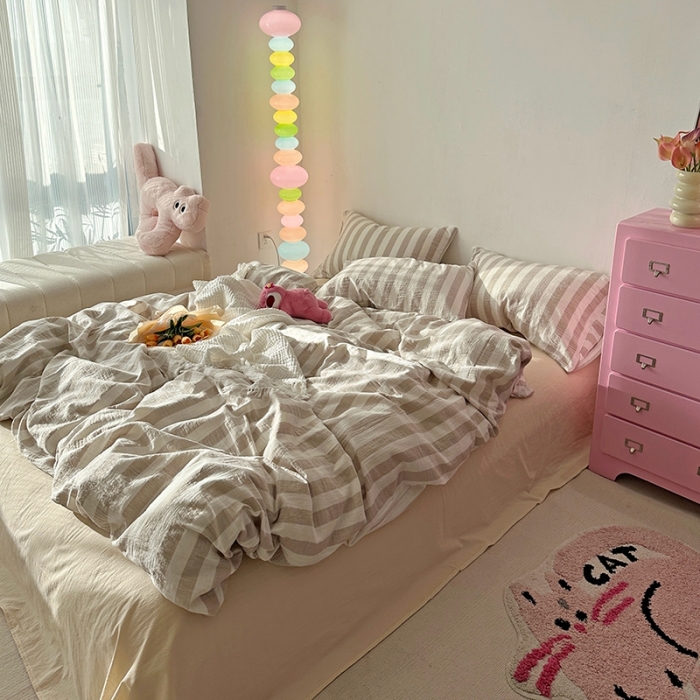 91家纺网 家纺一手货源 找家纺 千朵 2023新款色织双层皱皱纱全棉四件套 奶灰