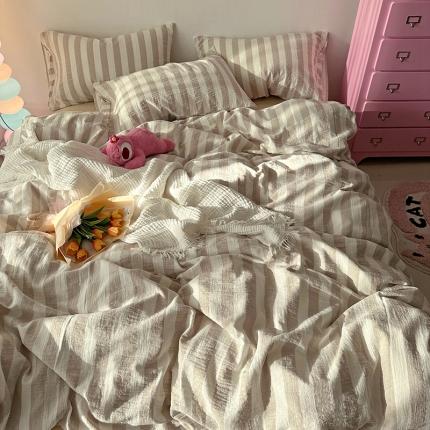 千朵 2023新款色织双层皱皱纱全棉四件套 奶灰