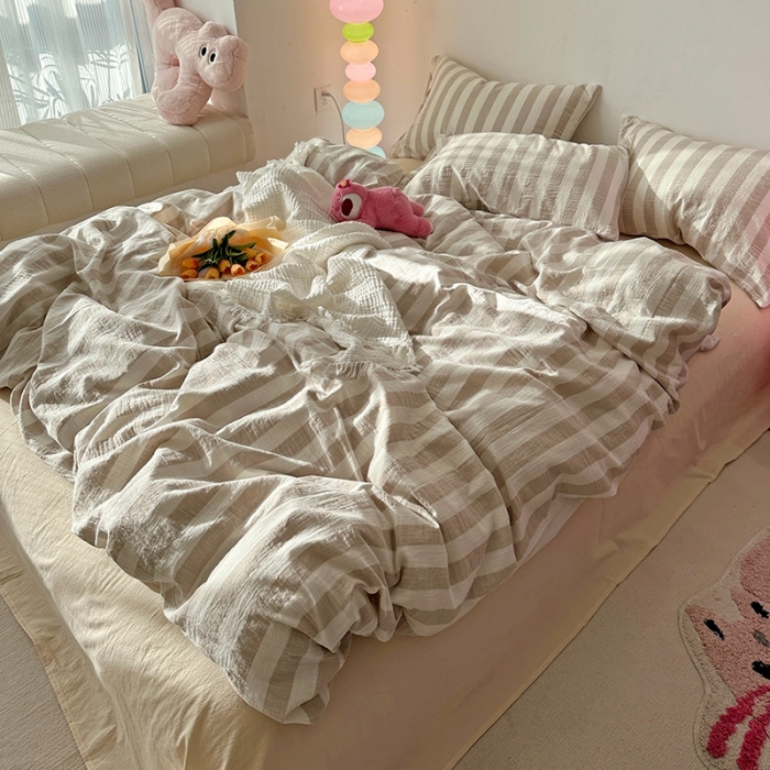 91家纺网 家纺一手货源 找家纺 千朵 2023新款色织双层皱皱纱全棉四件套 奶灰