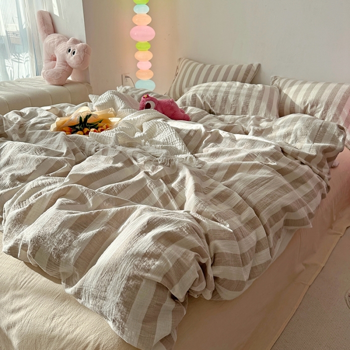 91家纺网 家纺一手货源 找家纺 千朵 2023新款色织双层皱皱纱全棉四件套 奶灰