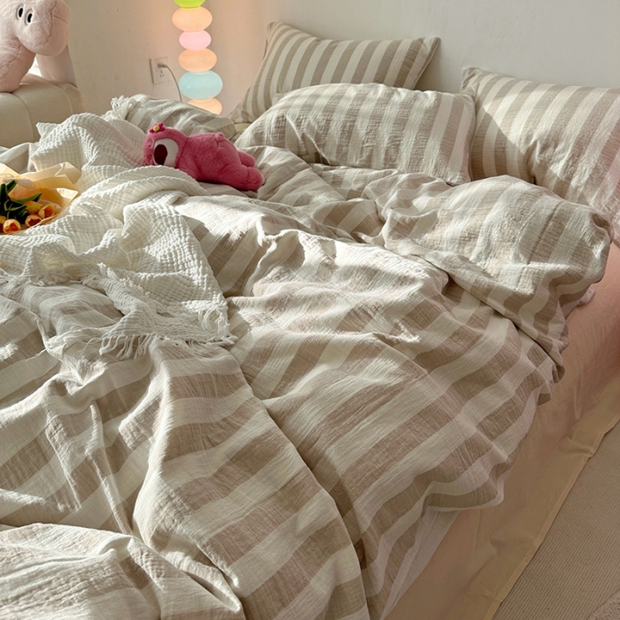 91家纺网 家纺一手货源 找家纺 千朵 2023新款色织双层皱皱纱全棉四件套 奶灰