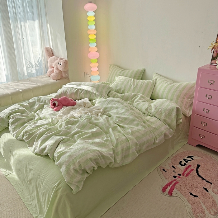 91家纺网 家纺一手货源 找家纺 千朵 2023新款色织双层皱皱纱全棉四件套 奶绿