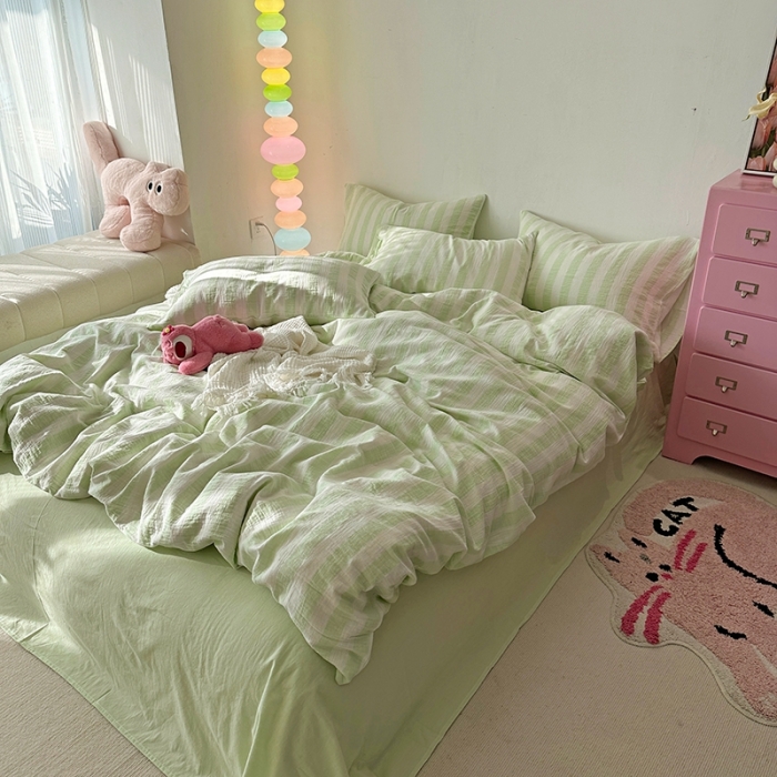 91家纺网 家纺一手货源 找家纺 千朵 2023新款色织双层皱皱纱全棉四件套 奶绿