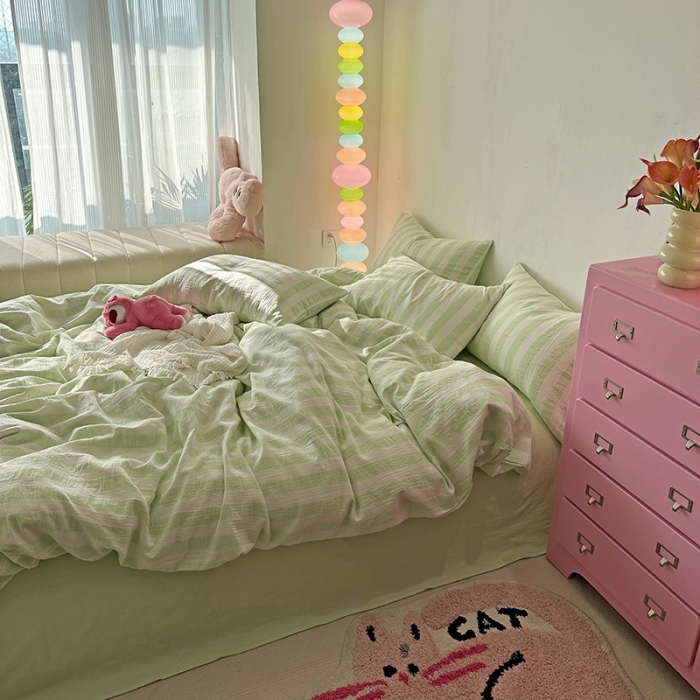 91家纺网 家纺一手货源 找家纺 千朵 2023新款色织双层皱皱纱全棉四件套 奶绿