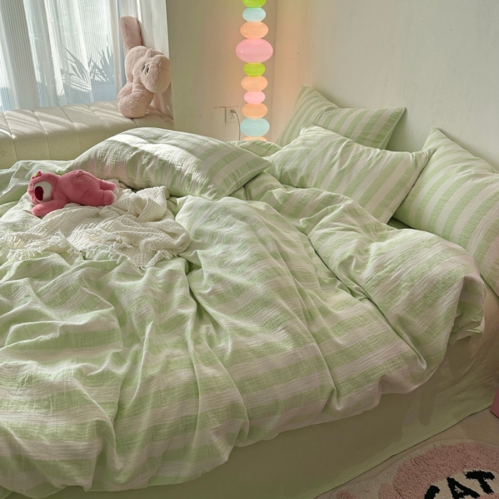 91家纺网 家纺一手货源 找家纺 千朵 2023新款色织双层皱皱纱全棉四件套 奶绿