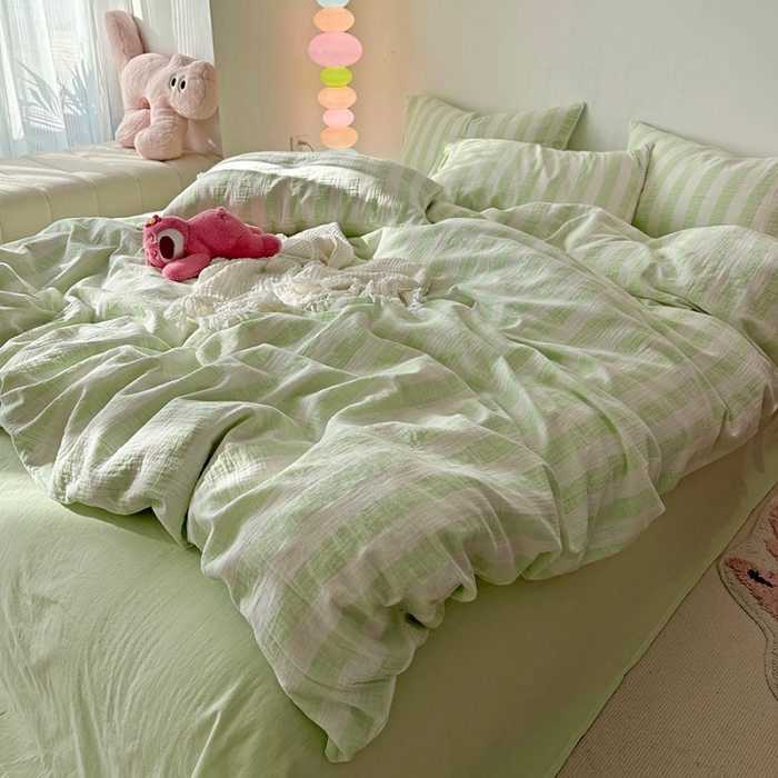 91家纺网 家纺一手货源 找家纺 千朵 2023新款色织双层皱皱纱全棉四件套 奶绿