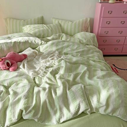 千朵 2023新款色织双层皱皱纱全棉四件套 奶绿