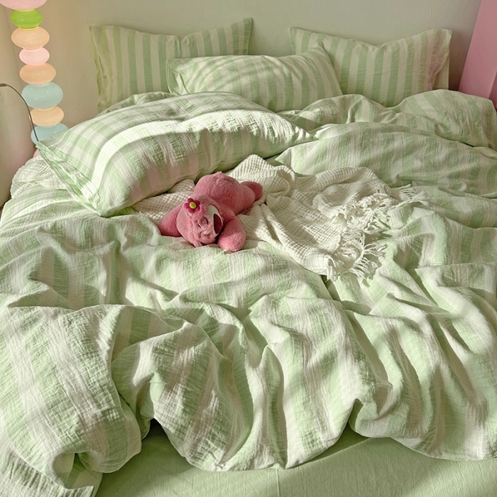 91家纺网 家纺一手货源 找家纺 千朵 2023新款色织双层皱皱纱全棉四件套 奶绿