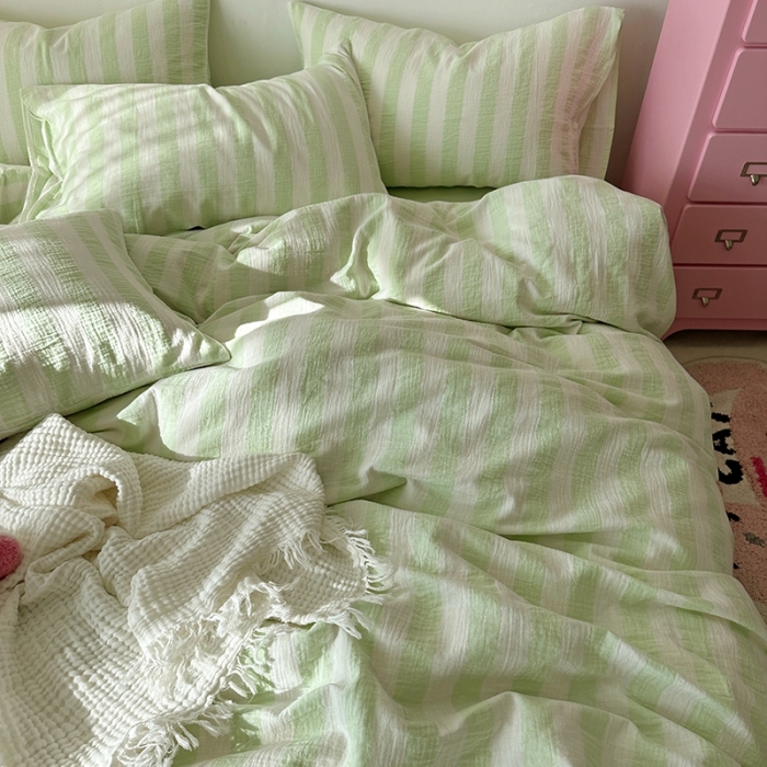 91家纺网 家纺一手货源 找家纺 千朵 2023新款色织双层皱皱纱全棉四件套 奶绿