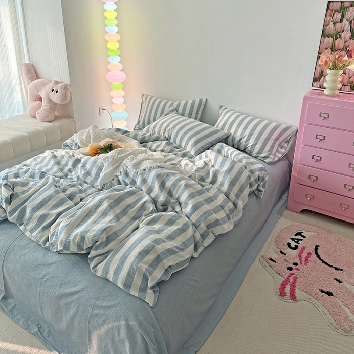 91家纺网 家纺一手货源 找家纺 千朵 2023新款色织双层皱皱纱全棉四件套 浅灰蓝