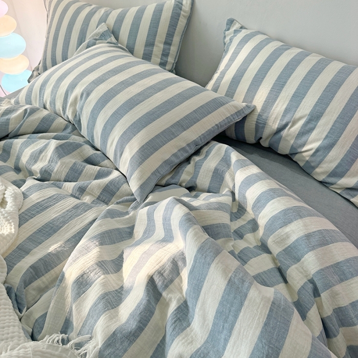 91家纺网 家纺一手货源 找家纺 千朵 2023新款色织双层皱皱纱全棉四件套 浅灰蓝