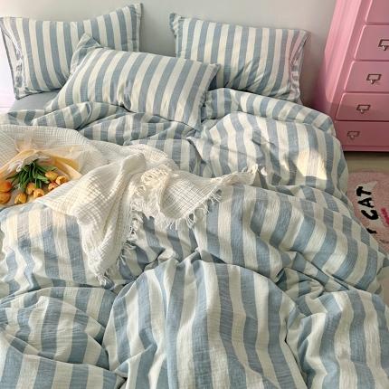 千朵 2023新款色织双层皱皱纱全棉四件套 浅灰蓝