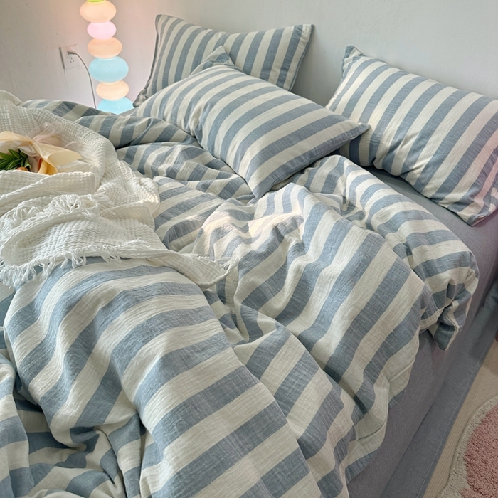 91家纺网 家纺一手货源 找家纺 千朵 2023新款色织双层皱皱纱全棉四件套 浅灰蓝