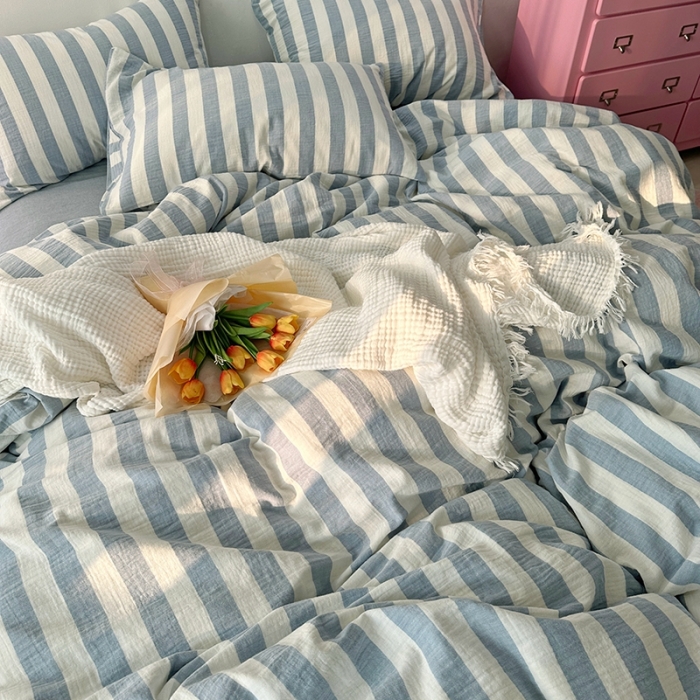 91家纺网 家纺一手货源 找家纺 千朵 2023新款色织双层皱皱纱全棉四件套 浅灰蓝