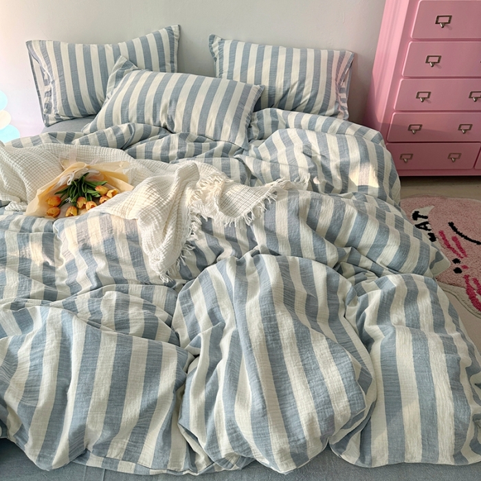 91家纺网 家纺一手货源 找家纺 千朵 2023新款色织双层皱皱纱全棉四件套 浅灰蓝