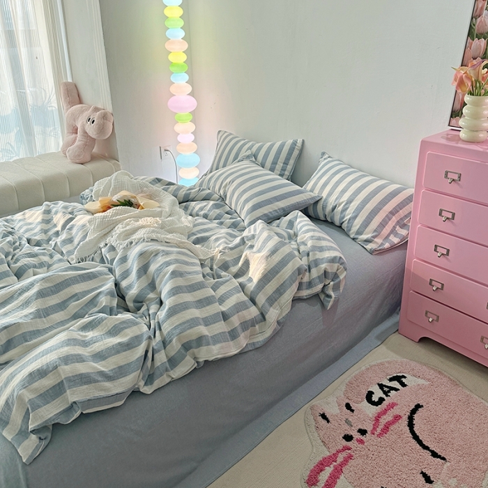 91家纺网 家纺一手货源 找家纺 千朵 2023新款色织双层皱皱纱全棉四件套 浅灰蓝