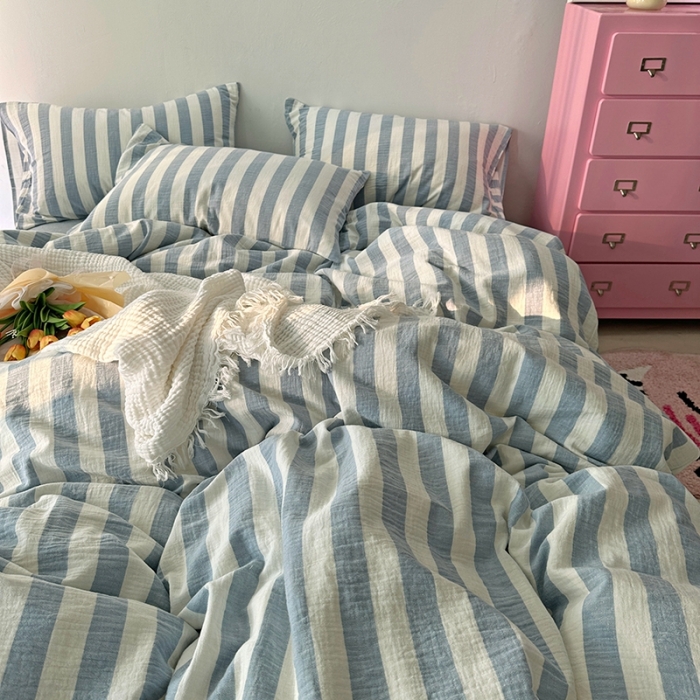 91家纺网 家纺一手货源 找家纺 千朵 2023新款色织双层皱皱纱全棉四件套 浅灰蓝