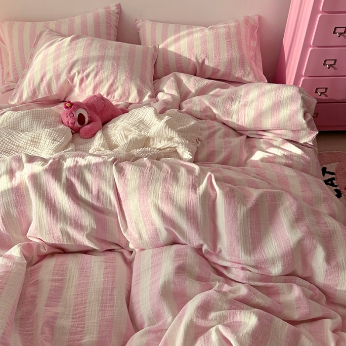 91家纺网 家纺一手货源 找家纺 千朵 2023新款色织双层皱皱纱全棉四件套 桃粉