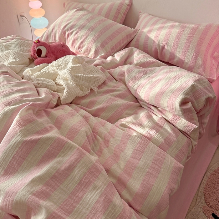 91家纺网 家纺一手货源 找家纺 千朵 2023新款色织双层皱皱纱全棉四件套 桃粉