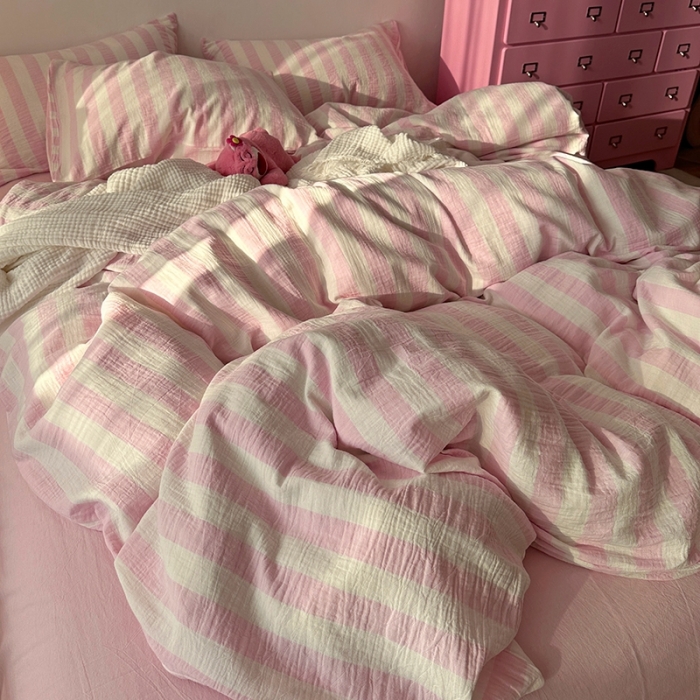 91家纺网 家纺一手货源 找家纺 千朵 2023新款色织双层皱皱纱全棉四件套 桃粉