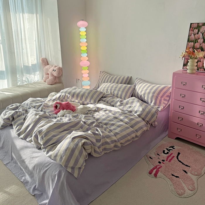 91家纺网 家纺一手货源 找家纺 千朵 2023新款色织双层皱皱纱全棉四件套 仙紫