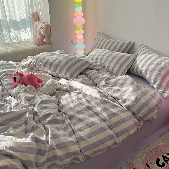 91家纺网 家纺一手货源 找家纺 千朵 2023新款色织双层皱皱纱全棉四件套 仙紫