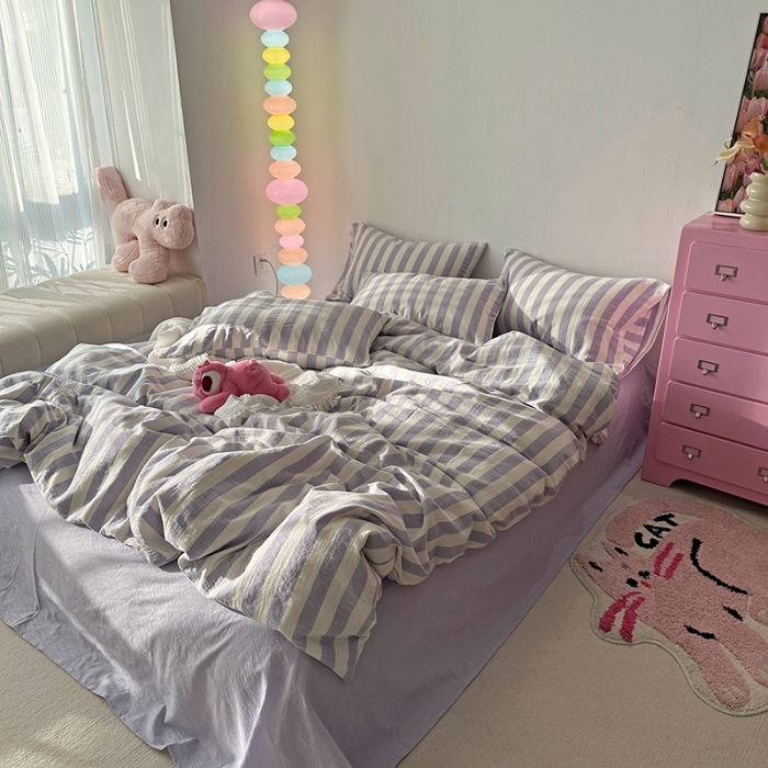 91家纺网 家纺一手货源 找家纺 千朵 2023新款色织双层皱皱纱全棉四件套 仙紫