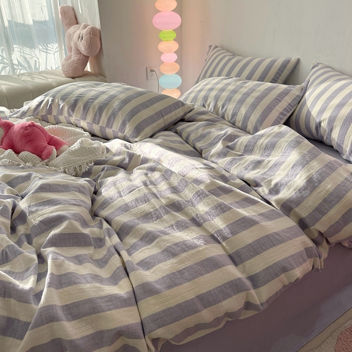 91家纺网 家纺一手货源 找家纺 千朵 2023新款色织双层皱皱纱全棉四件套 仙紫