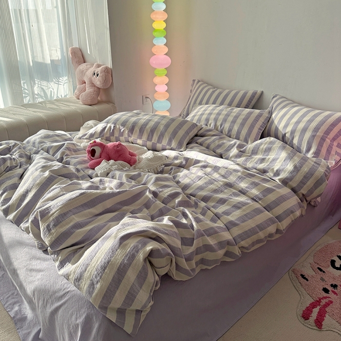 91家纺网 家纺一手货源 找家纺 千朵 2023新款色织双层皱皱纱全棉四件套 仙紫