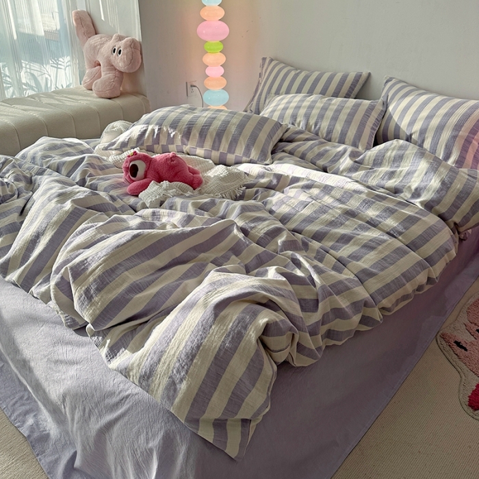 91家纺网 家纺一手货源 找家纺 千朵 2023新款色织双层皱皱纱全棉四件套 仙紫