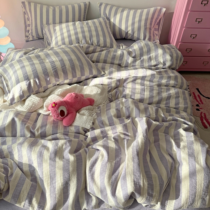 91家纺网 家纺一手货源 找家纺 千朵 2023新款色织双层皱皱纱全棉四件套 仙紫