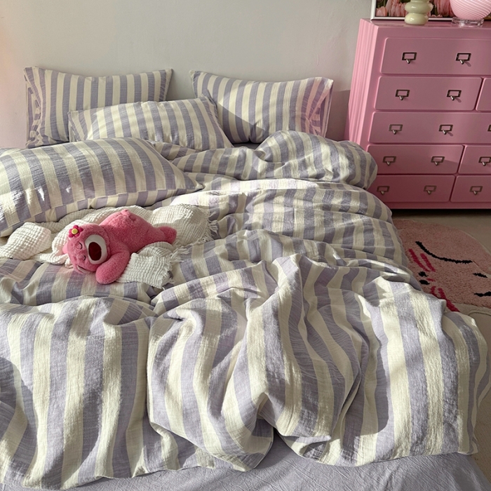 91家纺网 家纺一手货源 找家纺 千朵 2023新款色织双层皱皱纱全棉四件套 仙紫