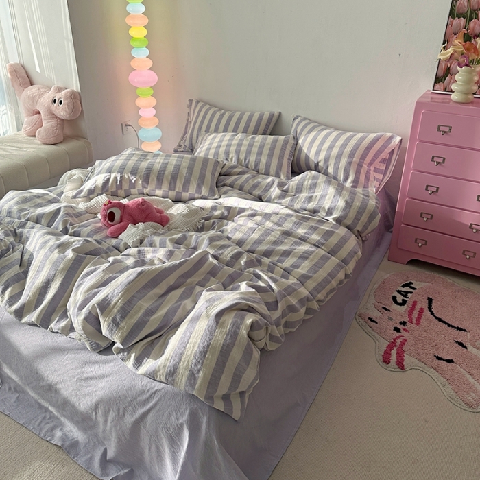 91家纺网 家纺一手货源 找家纺 千朵 2023新款色织双层皱皱纱全棉四件套 仙紫