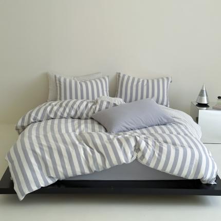 91家纺网 家纺一手货源 找家纺 玛奇朵 2023新款色织双层皱纱-韩系条纹四件套 韩系条纹-月灰