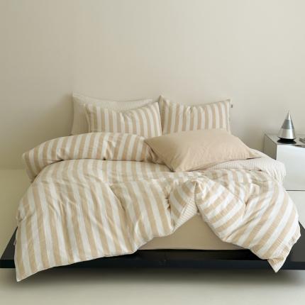 91家纺网 家纺一手货源 找家纺 （总）玛奇朵 2023新款色织双层皱纱-韩系条纹四件套