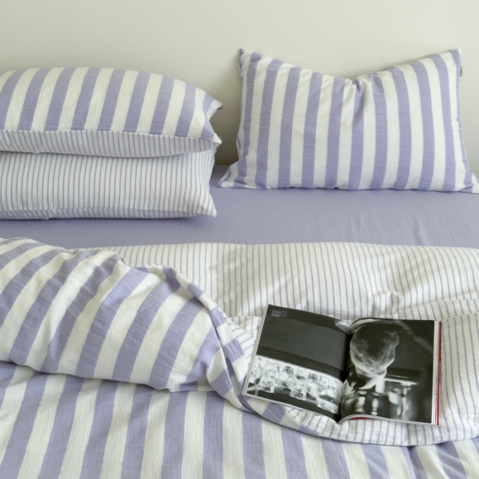 91家纺网 家纺一手货源 找家纺 （总）玛奇朵 2023新款色织双层皱纱-韩系条纹四件套