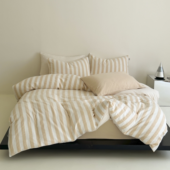 91家纺网 家纺一手货源 找家纺 玛奇朵 2023新款色织双层皱纱-韩系条纹四件套 韩系条纹-卡其