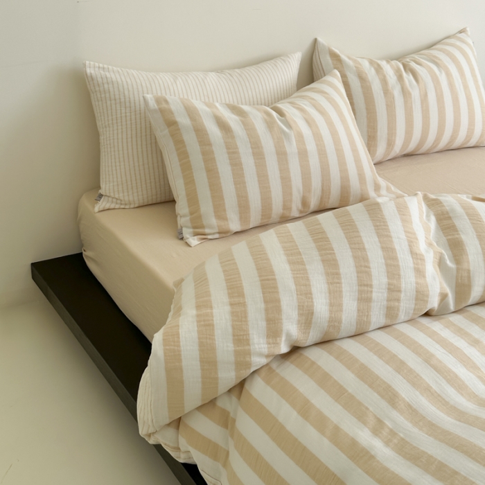 91家纺网 家纺一手货源 找家纺 玛奇朵 2023新款色织双层皱纱-韩系条纹四件套 韩系条纹-卡其