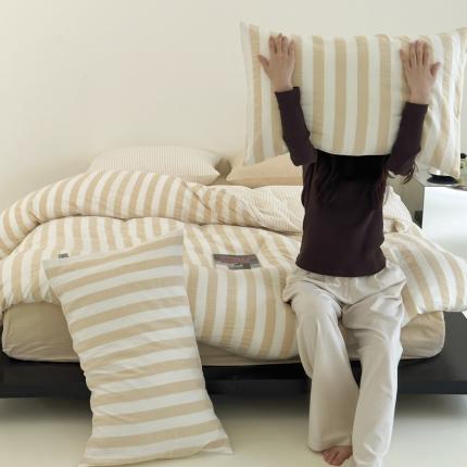 玛奇朵 2023新款色织双层皱纱-韩系条纹四件套 韩系条纹-卡其