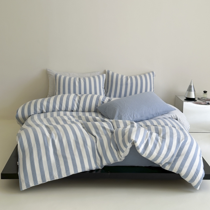 91家纺网 家纺一手货源 找家纺 玛奇朵 2023新款色织双层皱纱-韩系条纹四件套 韩系条纹-蓝灰