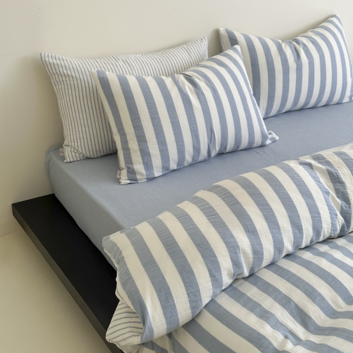 91家纺网 家纺一手货源 找家纺 玛奇朵 2023新款色织双层皱纱-韩系条纹四件套 韩系条纹-蓝灰