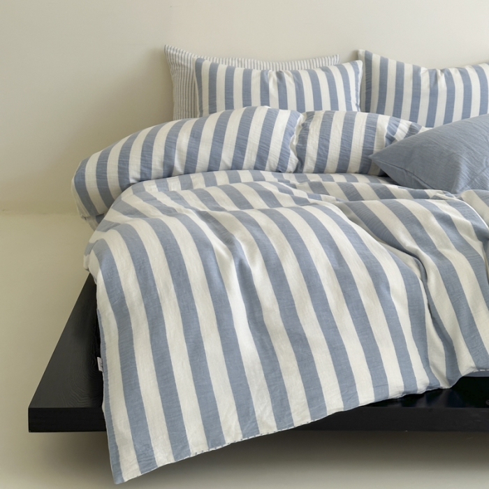 91家纺网 家纺一手货源 找家纺 玛奇朵 2023新款色织双层皱纱-韩系条纹四件套 韩系条纹-蓝灰