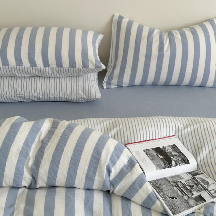 91家纺网 家纺一手货源 找家纺 玛奇朵 2023新款色织双层皱纱-韩系条纹四件套 韩系条纹-蓝灰