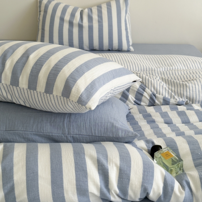 91家纺网 家纺一手货源 找家纺 玛奇朵 2023新款色织双层皱纱-韩系条纹四件套 韩系条纹-蓝灰