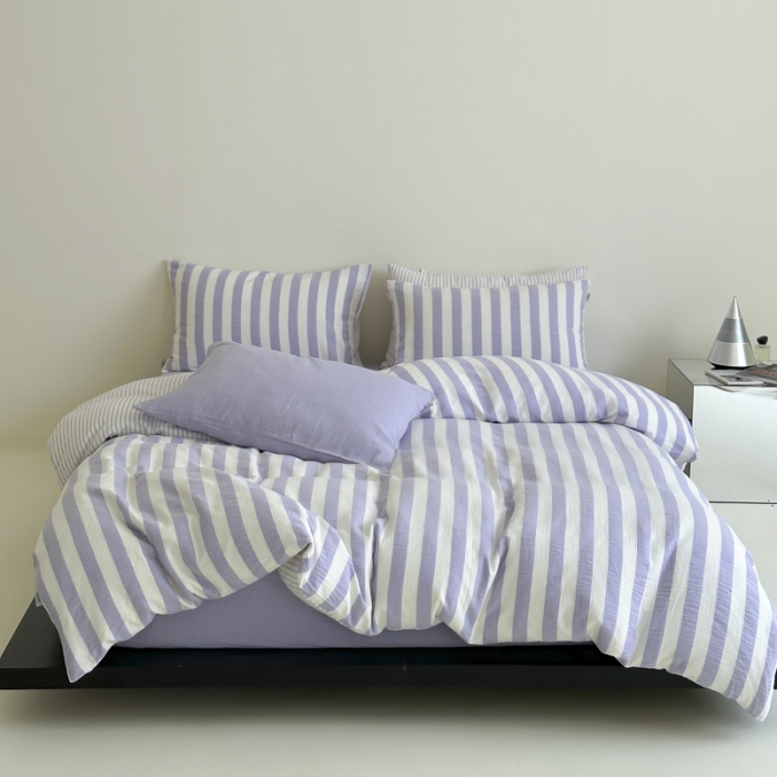 91家纺网 家纺一手货源 找家纺 玛奇朵 2023新款色织双层皱纱-韩系条纹四件套 韩系条纹-莫奈紫