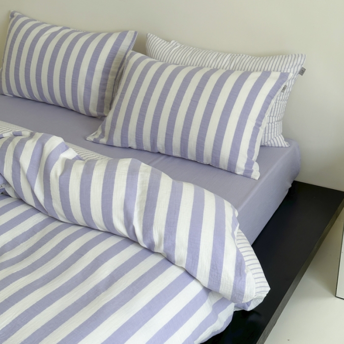 91家纺网 家纺一手货源 找家纺 玛奇朵 2023新款色织双层皱纱-韩系条纹四件套 韩系条纹-莫奈紫