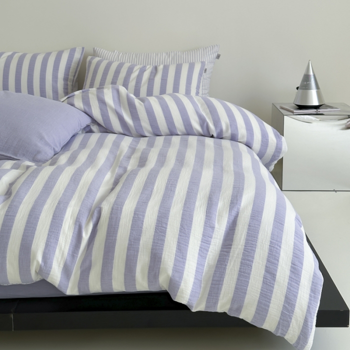 91家纺网 家纺一手货源 找家纺 玛奇朵 2023新款色织双层皱纱-韩系条纹四件套 韩系条纹-莫奈紫